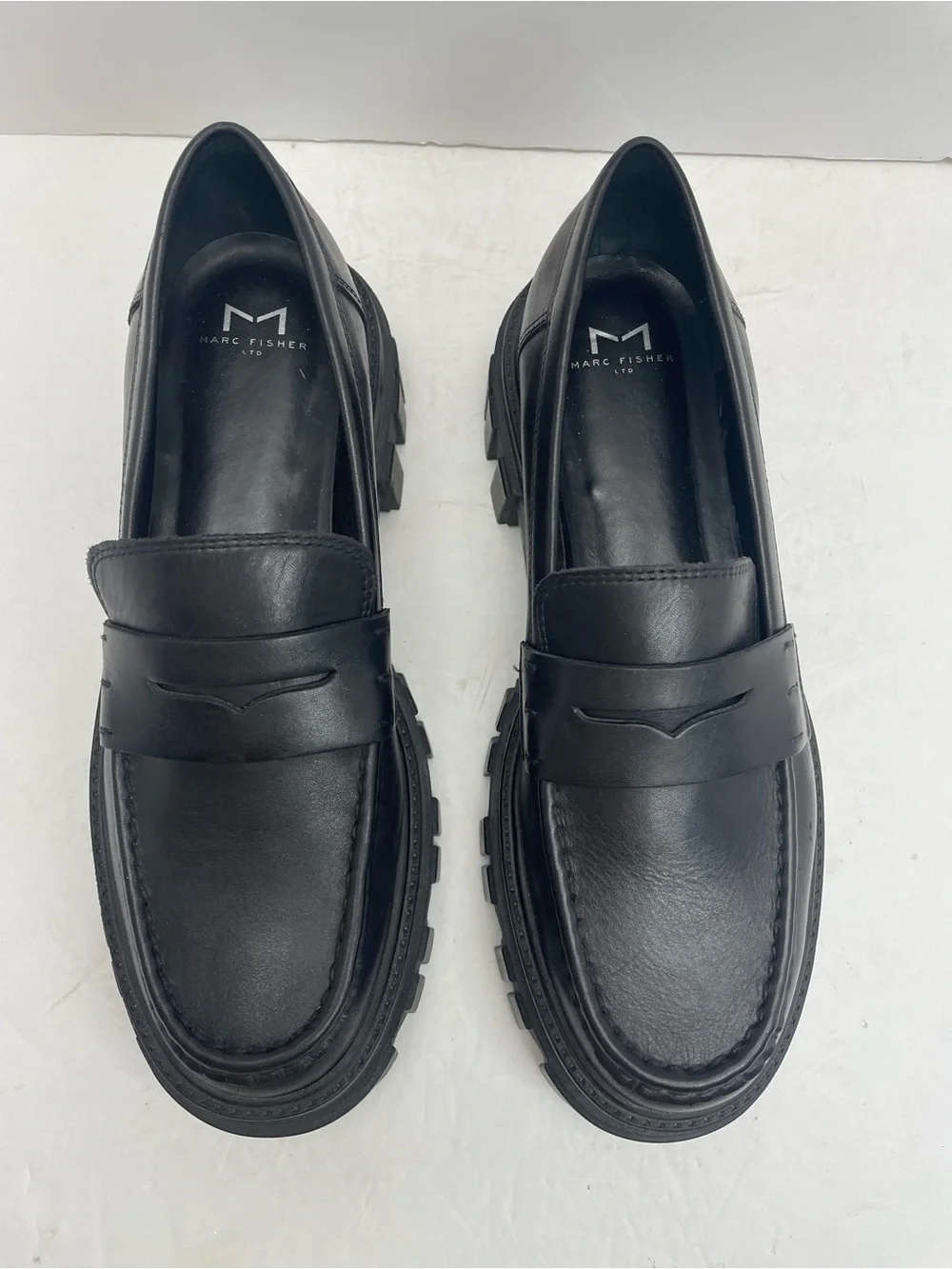 Marc Fisher Morris Lugsole Chunky Y2K Platform Leather Loafer Shoe Black Sz 9